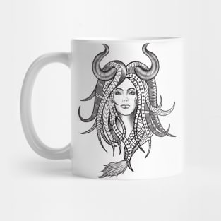 Confident Taurus Woman with Horns and Geometrical Tattoo Design Mug